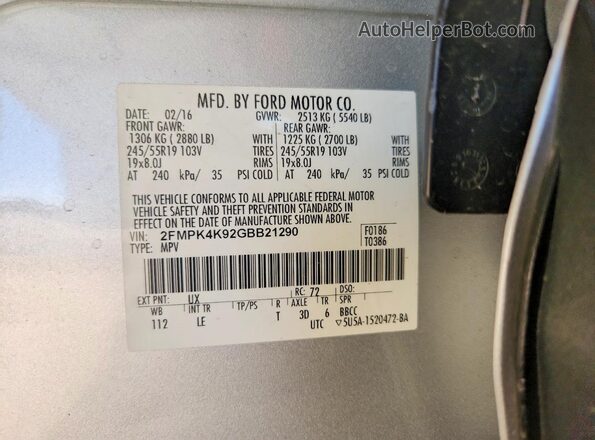 2FMPK4K92GBB21290 2016 FORD EDGE Silver VIN sticker view