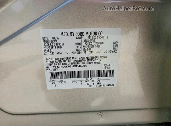 2FMPK4K92HBB46904 2017 FORD EDGE Cream სალონის 360-გრადუსიანი ხედი