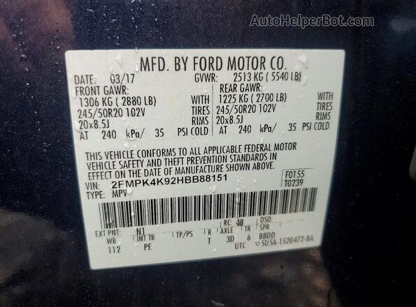 2FMPK4K92HBB88151 2017 FORD EDGE Blue Вид підкапотного простору