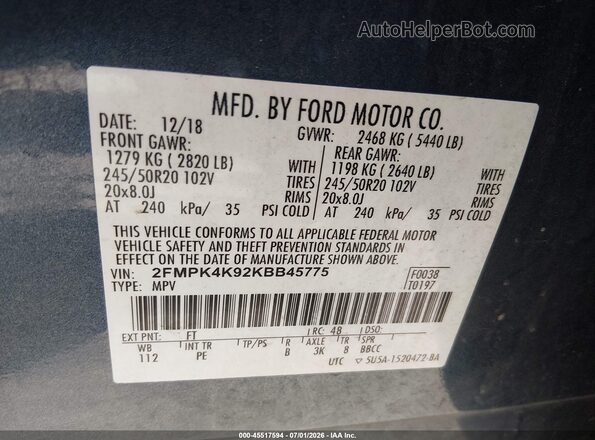 2FMPK4K92KBB45775 2019 FORD EDGE Blue Engine compartment view