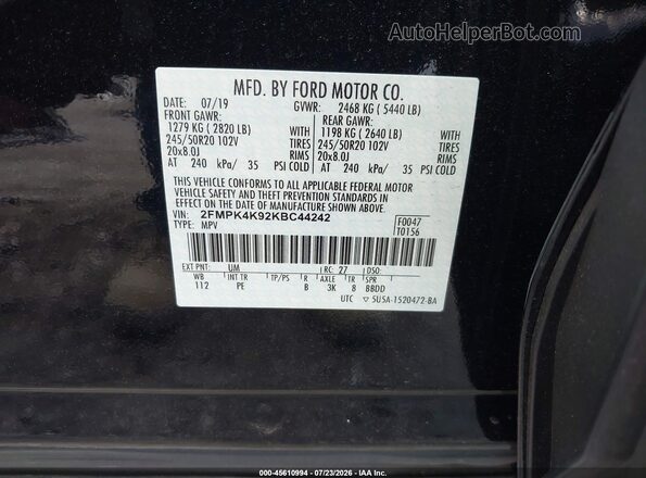 2FMPK4K92KBC44242 2019 FORD EDGE Black Շարժիչի բաժամունքի տեսք