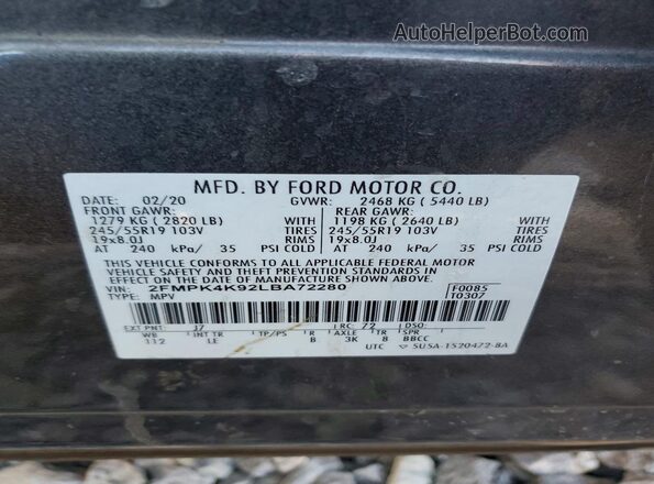 2FMPK4K92LBA72280 2020 FORD EDGE Серый Вид подкапотного пространства