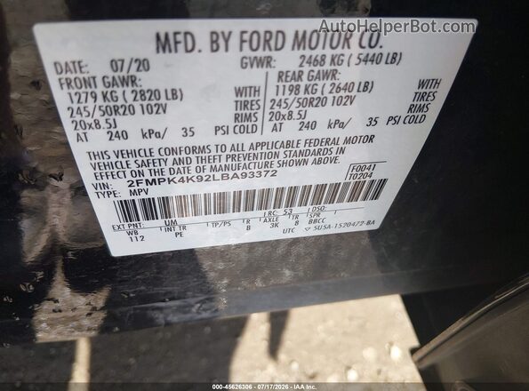 2FMPK4K92LBA93372 2020 FORD EDGE Черный Вид подкапотного пространства