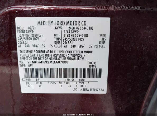 2FMPK4K92MBA07088 2021 FORD EDGE Maroon ძრავის განყოფილების ხედი