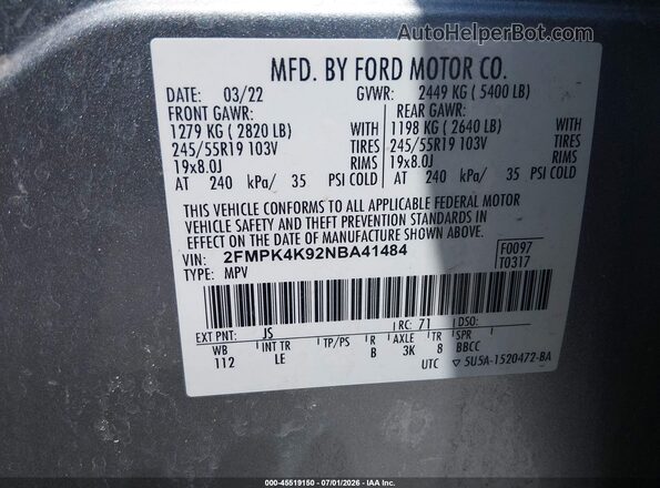 2FMPK4K92NBA41484 2022 FORD EDGE Silver Widok komory silnika