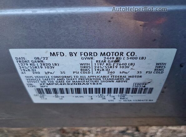 2FMPK4K92NBA91835 2022 FORD EDGE Silver Widok naklejki z numerem VIN