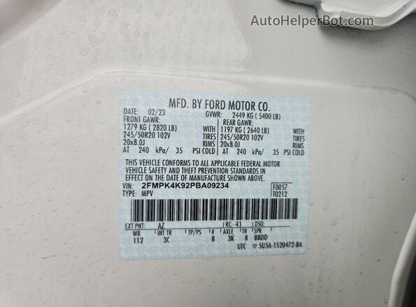 2FMPK4K92PBA09234 2023 FORD EDGE White VIN sticker view
