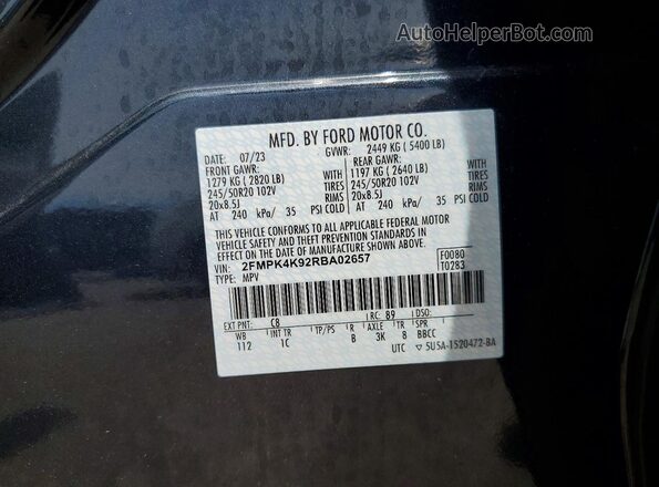 2FMPK4K92RBA02657 2024 FORD EDGE Gray Панорамний вид салону 360°