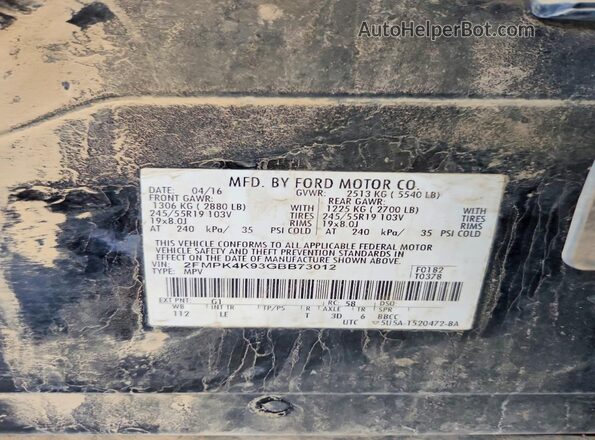 2FMPK4K93GBB73012 2016 FORD EDGE Black Widok naklejki z numerem VIN