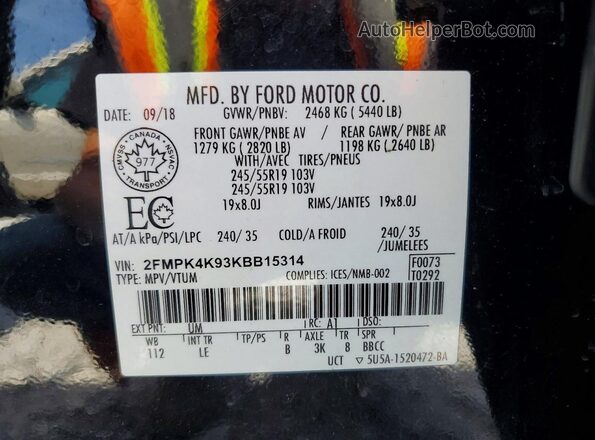 2FMPK4K93KBB15314 2019 FORD EDGE Black Vista de la etiqueta del VIN