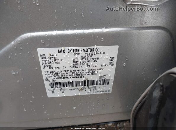 2FMPK4K93KBC02663 2019 FORD EDGE Silver Вид підкапотного простору