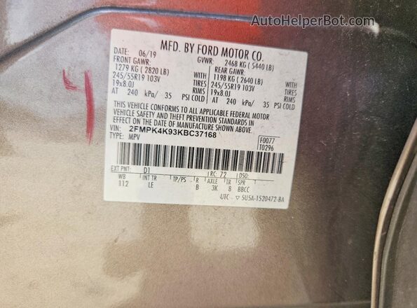 2FMPK4K93KBC37168 2019 FORD EDGE Tan VIN კოდის სტიკერის ხედი