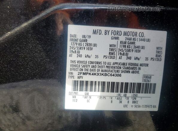 2FMPK4K93KBC64306 2019 FORD EDGE Black Vista de la etiqueta del VIN