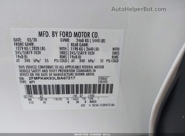 2FMPK4K93LBA67217 2020 FORD EDGE White ძრავის განყოფილების ხედი