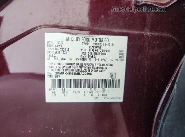 2FMPK4K93MBA20898 2021 FORD EDGE Maroon VIN კოდის სტიკერის ხედი