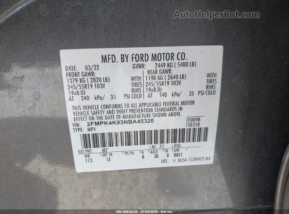 2FMPK4K93NBA45320 2022 FORD EDGE Gray Вид підкапотного простору
