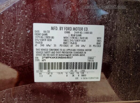 2FMPK4K93NBA64837 2022 FORD EDGE Maroon Widok naklejki z numerem VIN