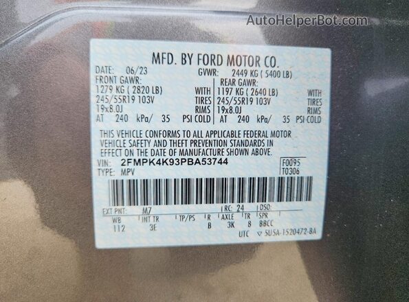 2FMPK4K93PBA53744 2023 FORD EDGE Gray Widok naklejki z numerem VIN