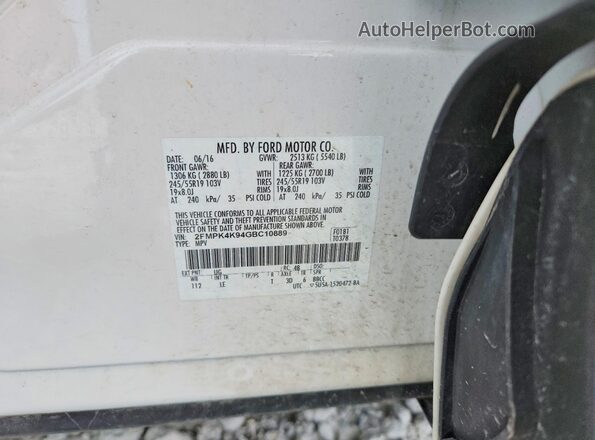 2FMPK4K94GBC10889 2016 FORD EDGE White Widok naklejki z numerem VIN