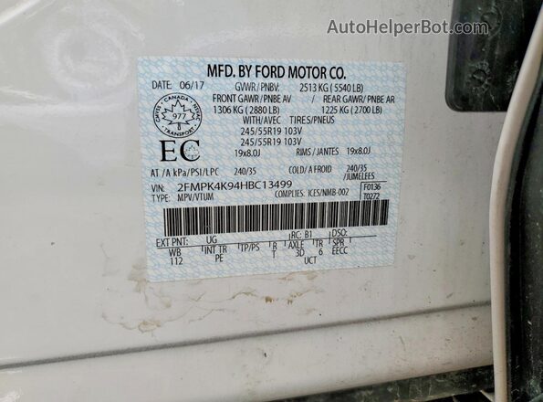 2FMPK4K94HBC13499 2017 FORD EDGE White VIN კოდის სტიკერის ხედი