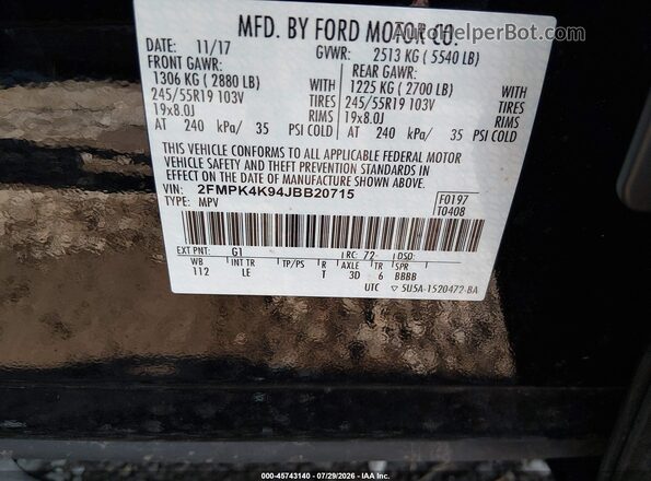 2FMPK4K94JBB20715 2018 FORD EDGE Black Vista del compartimento del motor