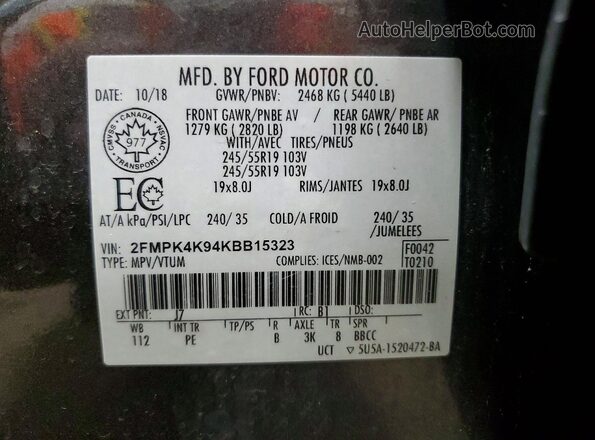 2FMPK4K94KBB15323 2019 FORD EDGE Gray VIN კოდის სტიკერის ხედი