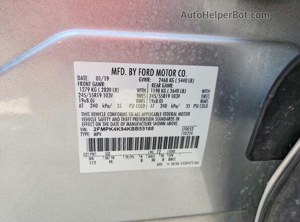 2FMPK4K94KBB55188 2019 FORD EDGE Gray Vista de la etiqueta del VIN