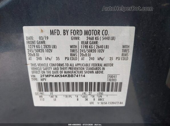 2FMPK4K94KBB74114 2019 FORD EDGE Blue Engine compartment view