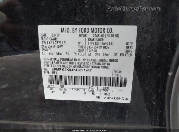 2FMPK4K94KBB91947 2019 FORD EDGE Black Շարժիչի բաժամունքի տեսք
