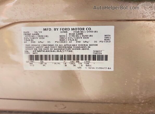 2FMPK4K94LBA17796 2020 FORD EDGE Tan Շարժիչի բաժամունքի տեսք