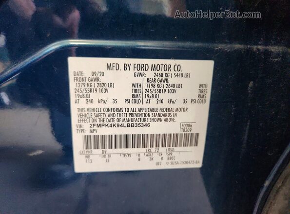 2FMPK4K94LBB35346 2020 FORD EDGE Синий Вид подкапотного пространства