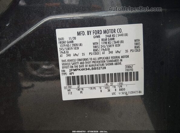 2FMPK4K94LBB52728 2020 FORD EDGE Black ძრავის განყოფილების ხედი