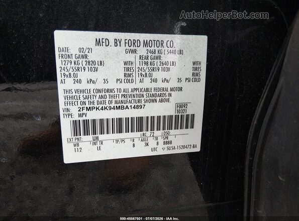 2FMPK4K94MBA14897 2021 FORD EDGE Black Вид підкапотного простору
