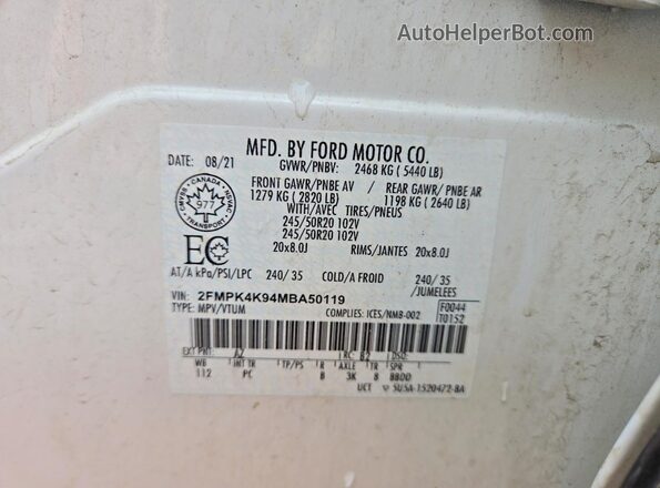 2FMPK4K94MBA50119 2021 FORD EDGE White VIN կոդի պիտակի տեսք