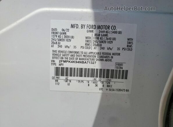 2FMPK4K94NBA71327 2022 FORD EDGE White 360 interior view
