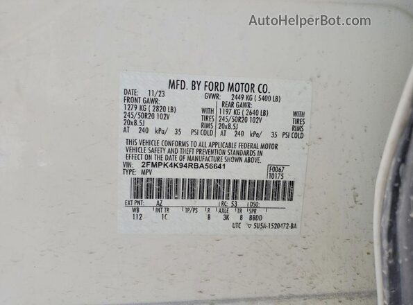 2FMPK4K94RBA56641 2024 FORD EDGE White VIN კოდის სტიკერის ხედი