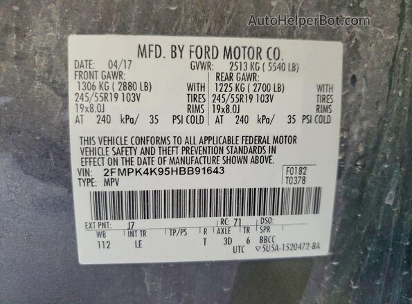 2FMPK4K95HBB91643 2017 FORD EDGE Gray Вид наклейки з VIN-кодом