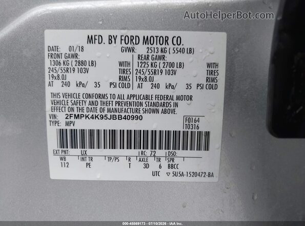 2FMPK4K95JBB40990 2018 FORD EDGE Silver Engine compartment view