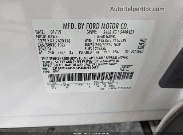 2FMPK4K95KBB48055 2019 FORD EDGE White Vista del compartimento del motor