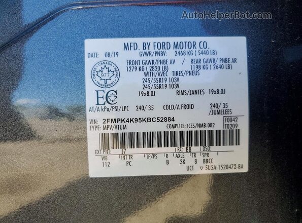 2FMPK4K95KBC52884 2019 FORD EDGE Black Вид наклейки з VIN-кодом