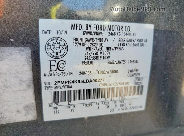 2FMPK4K95LBA00277 2020 FORD EDGE Gray VIN կոդի պիտակի տեսք