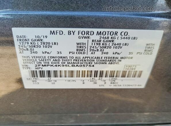 2FMPK4K95LBA05754 2020 FORD EDGE Charcoal Vista de la etiqueta del VIN