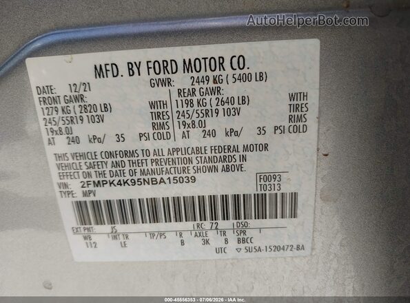 2FMPK4K95NBA15039 2022 FORD EDGE Gray Вид підкапотного простору
