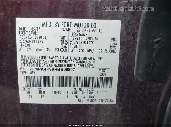 2FMPK4K96HBB96897 2017 FORD EDGE Maroon Widok komory silnika