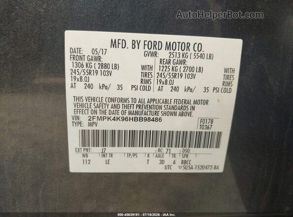 2FMPK4K96HBB98486 2017 FORD EDGE Gray Vista del compartimento del motor