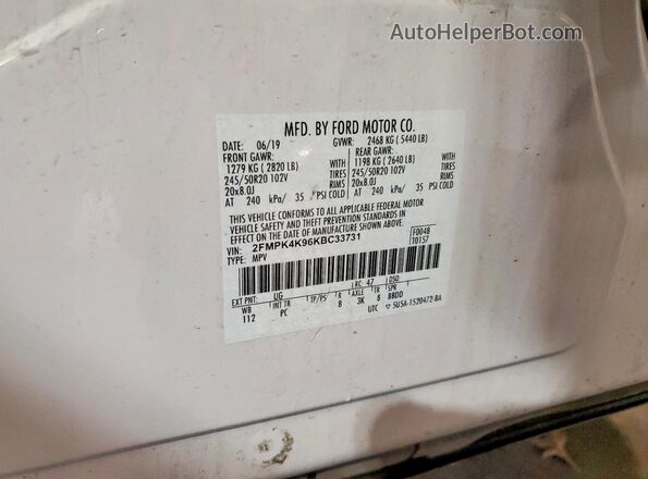 2FMPK4K96KBC33731 2019 FORD EDGE White სალონის 360-გრადუსიანი ხედი