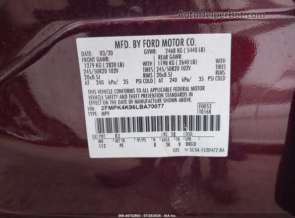 2FMPK4K96LBA70077 2020 FORD EDGE Maroon ძრავის განყოფილების ხედი