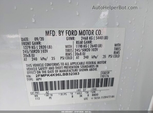 2FMPK4K96LBB32383 2020 FORD EDGE White Engine compartment view
