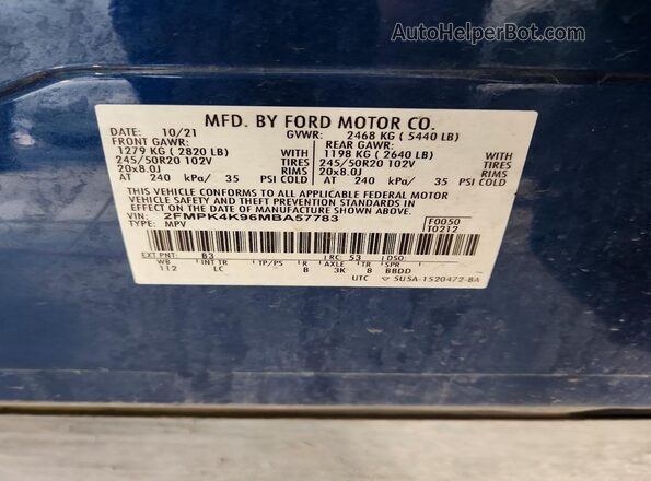 2FMPK4K96MBA57783 2021 FORD EDGE Blue VIN կոդի պիտակի տեսք