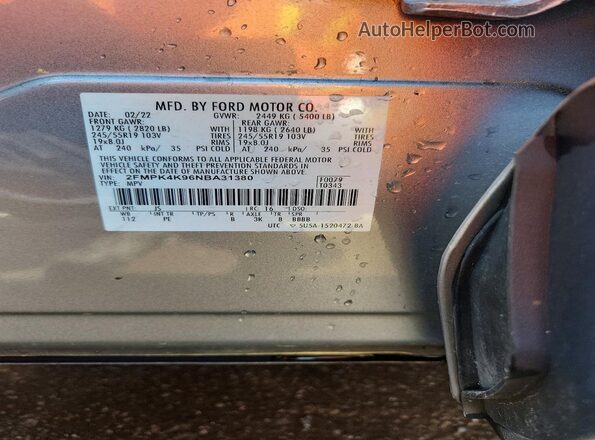 2FMPK4K96NBA31380 2022 FORD EDGE Silver Вид наклейки з VIN-кодом